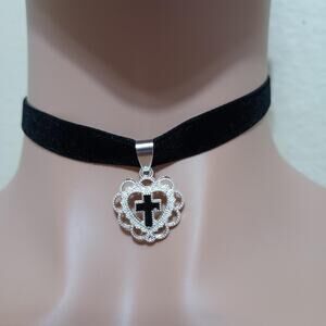 Silver tone heart black cross